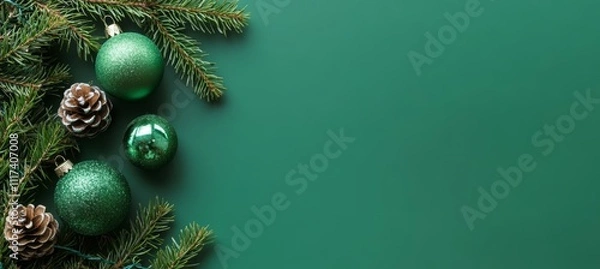Fototapeta A detailed close-up of a green Christmas backdrop featuring pine cones and colorful ornaments, evoking a festive and cozy holiday atmosphere.