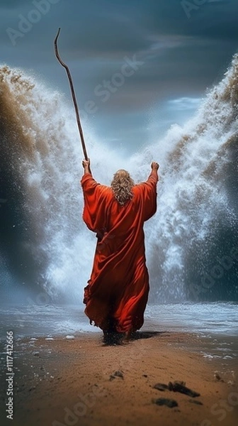 Fototapeta A powerful depiction of Moses parting the Red Sea, with towering waves held back by divine intervention, symbolizing faith, leadership, and miraculous deliverance.
