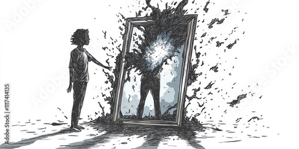 Obraz A figure interacts with a shattered mirror, symbolizing self-reflection and inner turmoil.
