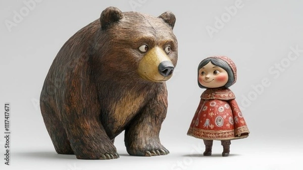 Obraz A wooden bear and a girl in a red dress, showcasing friendship and whimsy.
