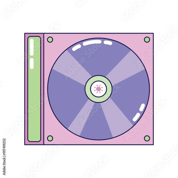 Fototapeta Vintage CD in Box on white background. Retro illustration with outline in 90s style. Isolated vector illustration.
