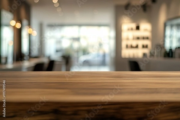 Fototapeta A blurred interior of a modern caf? with a wooden countertop in focus.