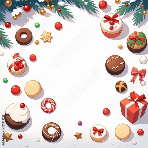 Obraz A white Christmas-themed background decorated with colorful candies, lollipops, and sweets scattered in a charming 2D cartoon style