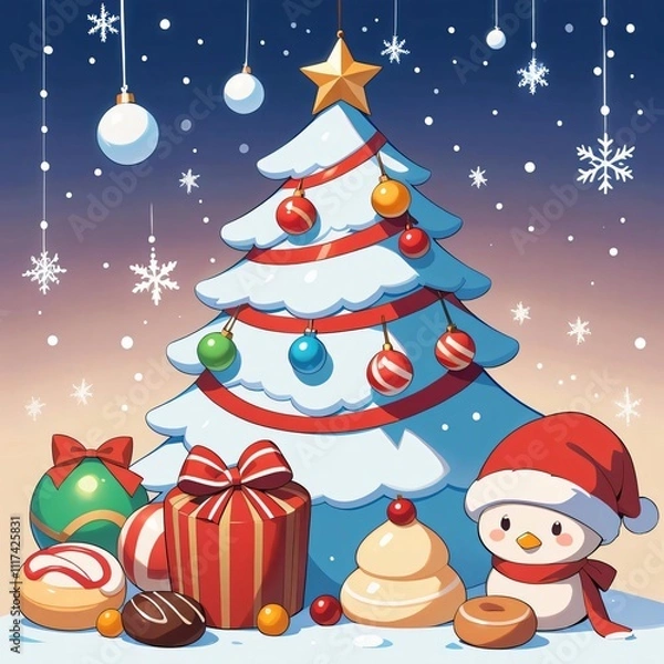 Obraz A white Christmas-themed background decorated with colorful candies, lollipops, and sweets scattered in a charming 2D cartoon style