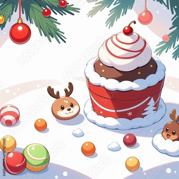 Obraz A white Christmas-themed background decorated with colorful candies, lollipops, and sweets scattered in a charming 2D cartoon style