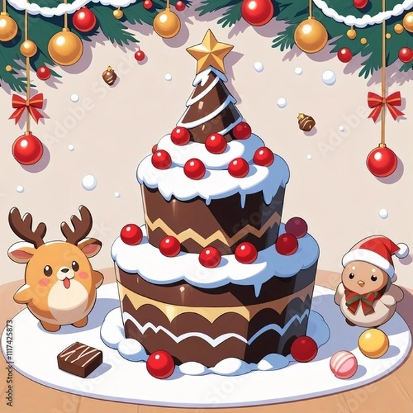 Obraz A white Christmas-themed background decorated with colorful candies, lollipops, and sweets scattered in a charming 2D cartoon style