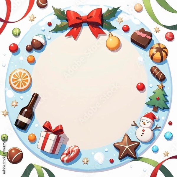 Obraz A white Christmas-themed background decorated with colorful candies, lollipops, and sweets scattered in a charming 2D cartoon style