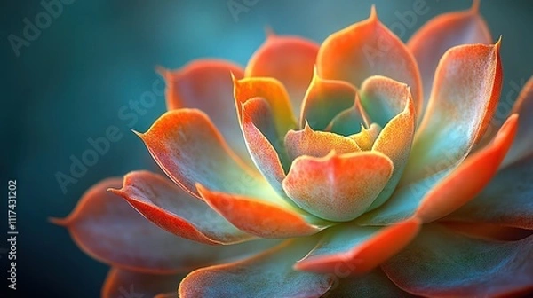 Fototapeta Close-up of a vibrant succulent with orange and teal hues, showcasing intricate details and textures.