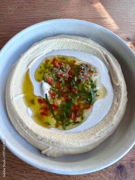 Obraz A bowl of hummus with olive oil, small pieces of red pepper and fresh green herbs.  In a white ceramic bowl on a restaurant table. 