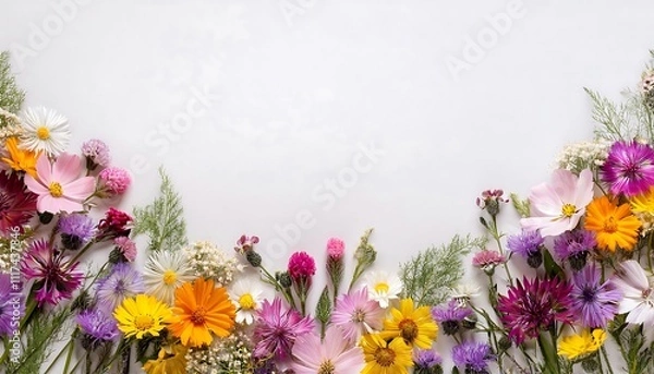 Fototapeta Greeting card background with colorful wildflowers