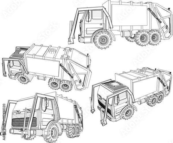 Fototapeta Vector sketch illustration of silhouette design of garbage truck transportation for transporting garbage to landfill