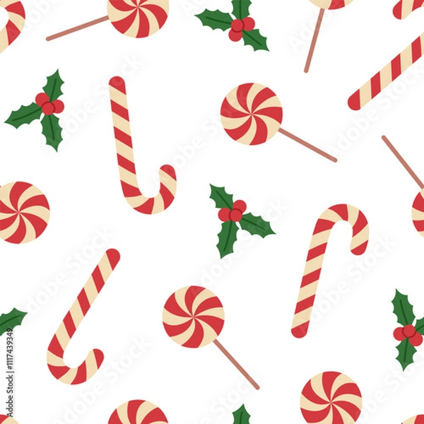 Obraz Seamless pattern with candy canes, lollipops and holly on white background. Traditional red and white Christmas sweets. Vector flat illustration for wallpaper, textile, packaging