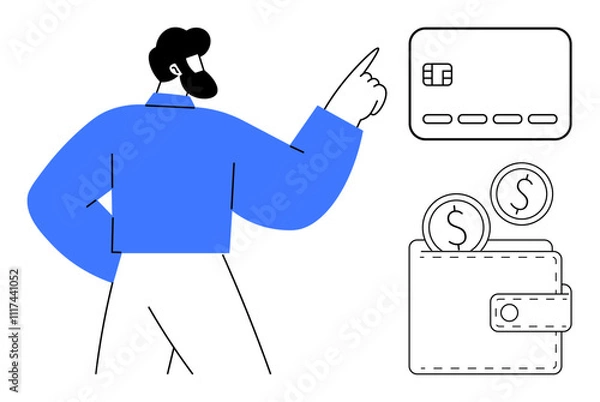 Fototapeta Man pointing at a wallet with coins and a credit card. Ideal for financial services, banking, budgeting, saving, investing, fintech, and online transactions. Line metaphor