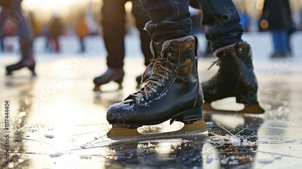 Fototapeta Walking in slush after a snowstorm. Boots covered in mud from the wet sidewalk.