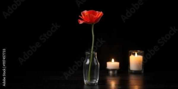 Fototapeta A single red poppy flower in a clear glass vase stands tall against a black background, illuminated by the soft glow of two candles.
