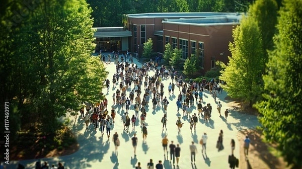 Fototapeta A Bird's-Eye View of Students Walking on Campus