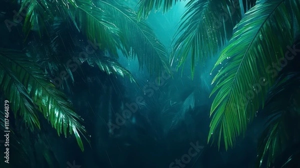 Obraz Lush Rainforest Palm Leaves in Rain Tropical Nature Background