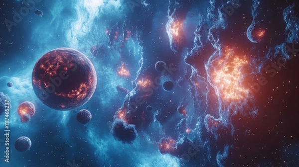 Fototapeta Blue outer space background with stars and nebula, neon glowing planets with orbit and falling asteroids. Cartoon vector illustration of cosmos bg with celestial bodies. Fantasy astronomy backdrop.