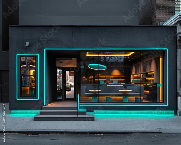 Fototapeta Contemporary boutique featuring a charcoal exterior with vivid neon teal lighting. The modern design elements stand out sharply in the high-definition urban backdrop