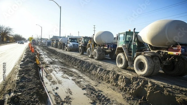Fototapeta Construction site with multiple concrete trucks lined up for work.