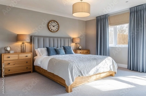 Fototapeta Bright and soothing light blue bedroom with a cozy bed, clock, and stylish decor, perfect for a guesthouse or hotel setting. The modern interior design and youthful style create a comfortable and welc