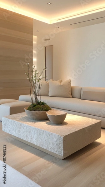 Fototapeta Minimalist living room with a neutral sofa, a modern stone coffee table, and soft overhead lighting that enhances the calm environment
