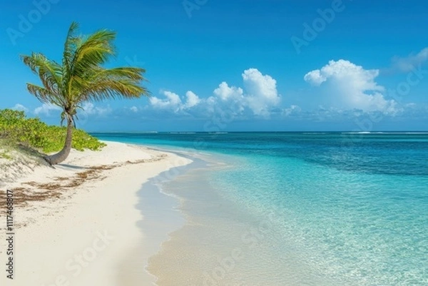 Fototapeta Serene beach with palm tree and clear blue waters under a sunny sky.