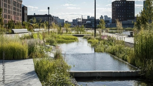 Fototapeta A serene urban landscape with water features and lush greenery.