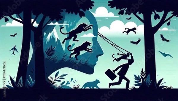 Fototapeta Silhouette of a person escaping wild animals and natural elements