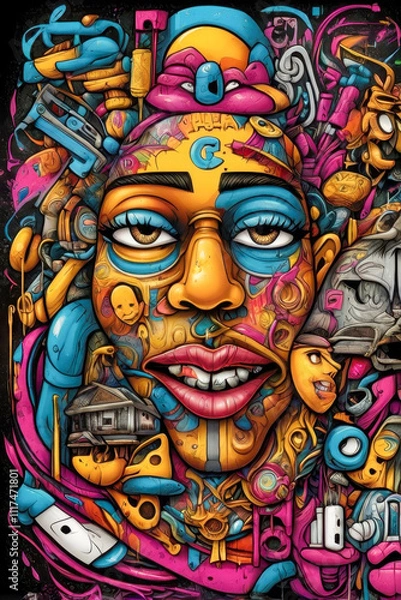 Fototapeta Complex and rich composition in graffiti style, combining bright colors, diverse images and elements of urban culture. Street art, contemporary artwork.