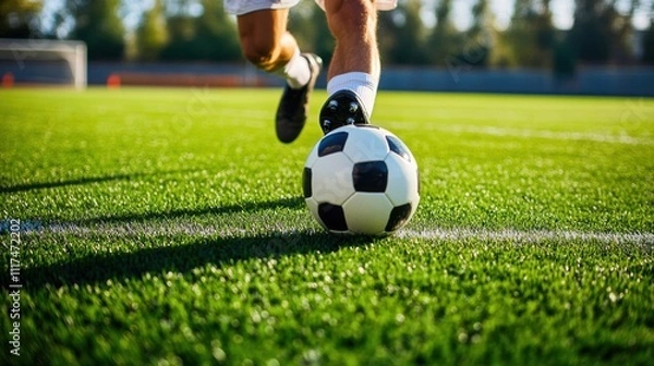 Fototapeta Soccer Player Kicking Ball on Grass Field