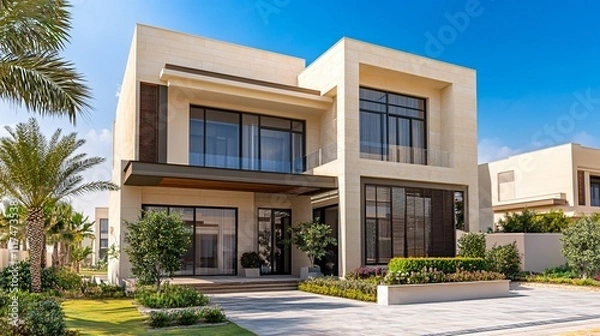Fototapeta Nighttime view of a luxurious villa with a stunning pool, illuminated by glowing LED light strips, creating a serene and upscale hotel-like ambiance for relaxation and evening enjoyment.