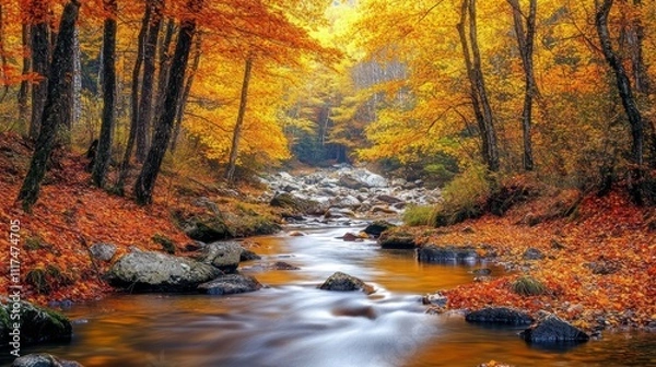Obraz A vibrant autumn forest with trees in shades of gold, orange, and red. The ground is covered in fallen leaves
