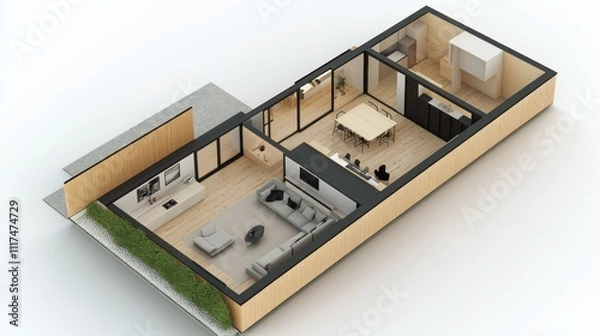Fototapeta A minimalist modular house plan in 3D with clean lines and energy-efficient design