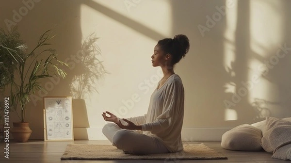 Fototapeta Young black woman meditating in a minimalist living room, with a vision board placed beside her. The soft light colors, and cozy blankets cushions, comfortable atmosphere for yoga and mindfulness