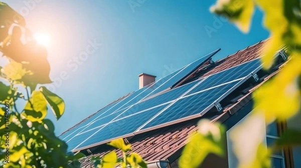 Obraz A modern house with sleek solar panels being installed on its roof, surrounded by vibrant greenery under a bright blue sky