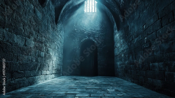 Fototapeta Gothic stone corridor with arched ceiling and mysterious doorway illuminated by ethereal blue light beams, creating a mystical and ancient atmosphere.