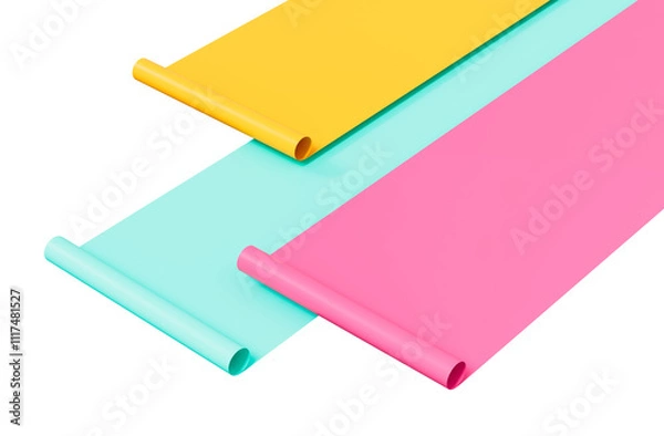 Fototapeta Colorful paper sheets roll on isolated background 3d illustration
