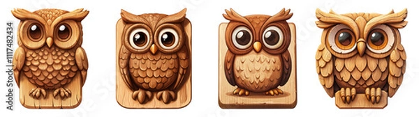Fototapeta Colorful Wooden Owl Illustrations on Transparent Background