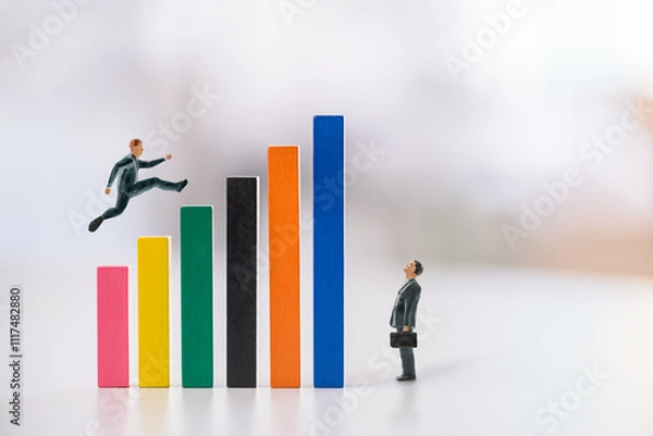 Fototapeta "Leaping over barriers to achieve growth." The colorful blocks represent milestones or hurdles or problems, while the figure jumping signifies ambition, effort, and determination to reach new heights.