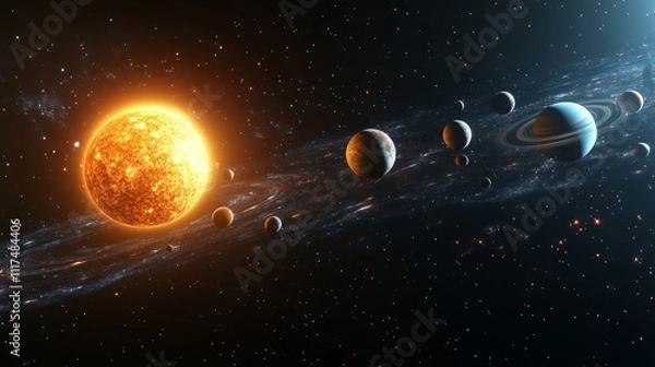 Fototapeta Realistic portrayal of the entire solar system featuring planets and the sun in vivid detail