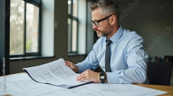 Fototapeta Architect Reviewing Building Plans at a Desk