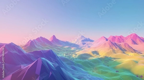 Fototapeta Vibrant Geometric Landscape with Tranquil Mountains and Colorful Sky, Capturing the Beauty of Nature in a Low-Poly Art Style for Creative Projects