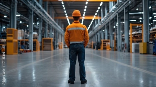 Fototapeta Worker in Safety Gear Standing in Large Industrial Warehouse with Bright Lighting and Organized Shelves