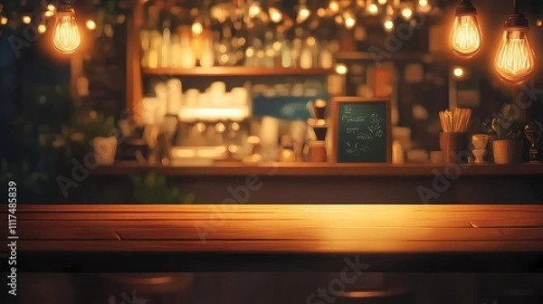 Fototapeta Cozy and Charming Interior of a Modern Café with Warm Lighting and Wooden Countertop Creating an Inviting Atmosphere for Relaxation and Socializing