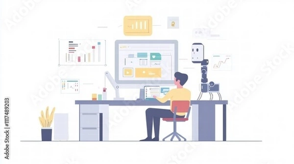 Fototapeta Man Working with AI Robot Assistant