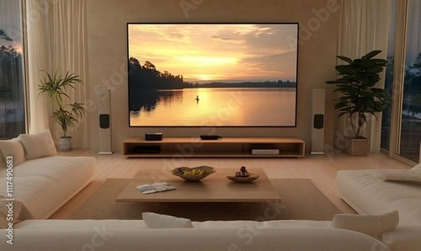 Fototapeta A modern living room with a television, featuring sleek and minimalist furniture, creating a cozy and stylish ambiance for relaxation and entertainment.