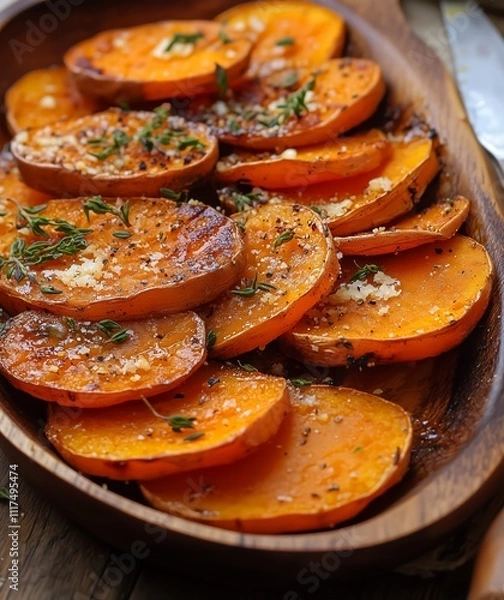 Fototapeta Roasted Sweet Potato Slices with Thyme and Parmesan: A close-up shot of a rustic wooden platter piled high with roasted sweet potato slices, seasoned with fresh thyme and grated Parmesan cheese.