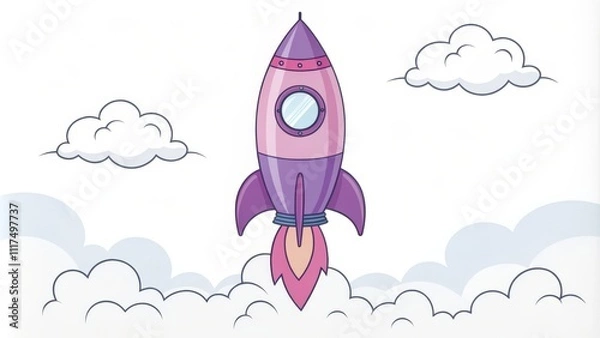 Fototapeta Top View Rocket Launch Composition Purple Pink Rocket Amidst Clouds, Cartoon Style, Startup Concept rocket launch, startup, cartoon art