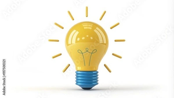 Fototapeta Front View Yellow Lightbulb with Blue Base, 3D Render, Idea Concept, Innovation, Inspiration Idea,Creativity,Innovation